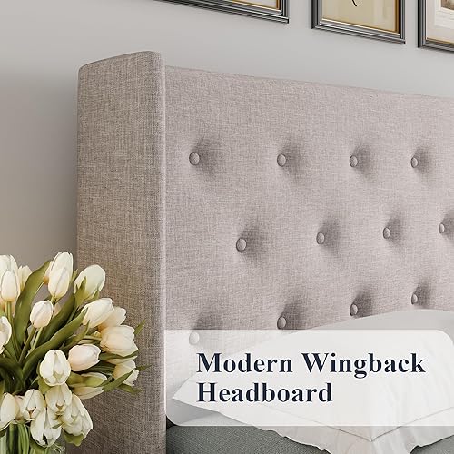 Miniatura 4 de Allewie Cama de almacenamiento elevable tamaño Queen, cabecero capitonado con botones con respaldo de ala, soporte hidráulico, no necesita somier