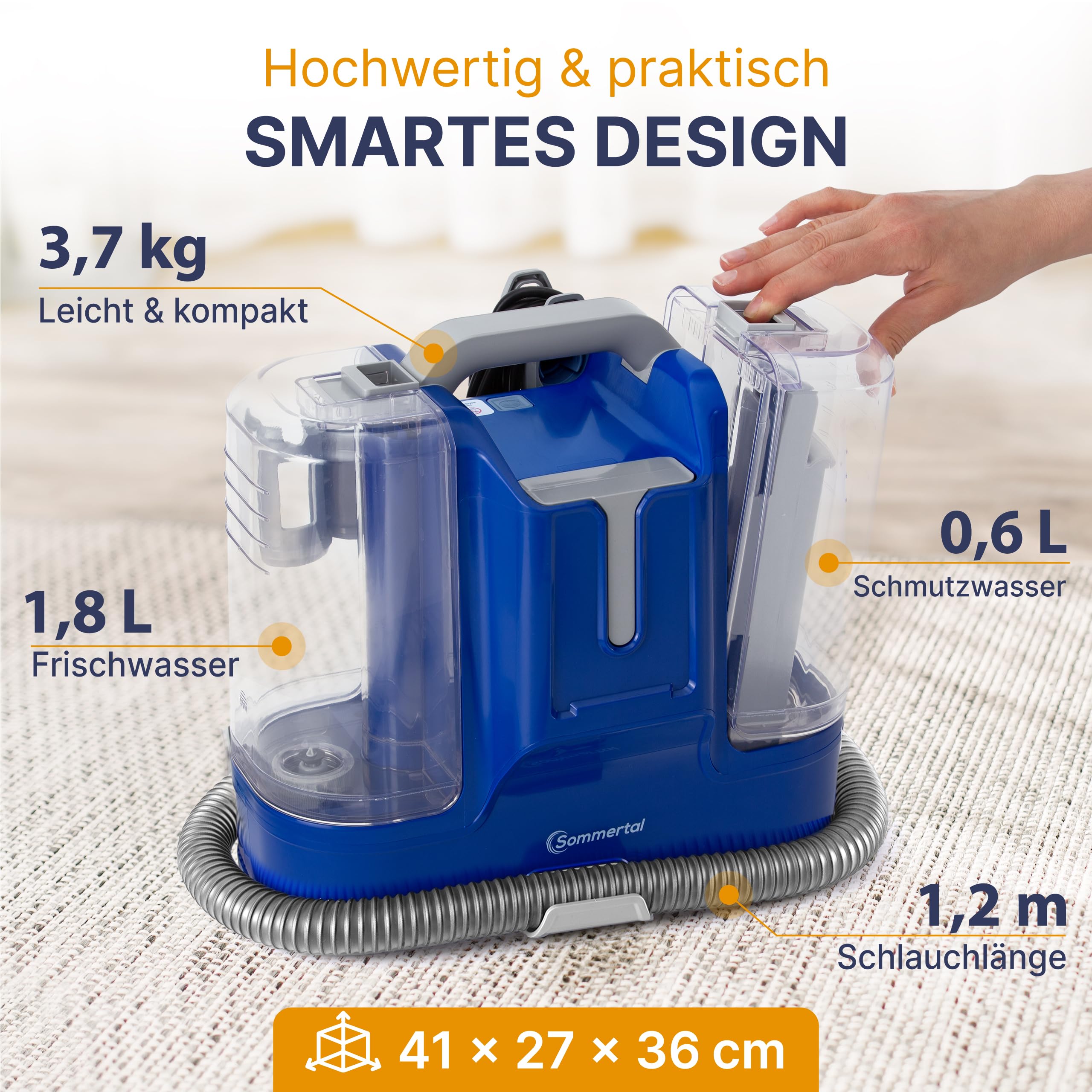 SOMMERTAL MultiCleaner WS450 5in1 Gerät für Teppiche, Treppen, Polster, Sofa, Auto, Tiere, Flecken, Leistungsstarker 450w Motor, Waschsauger, mit Zubehör, Selbstreinigung
