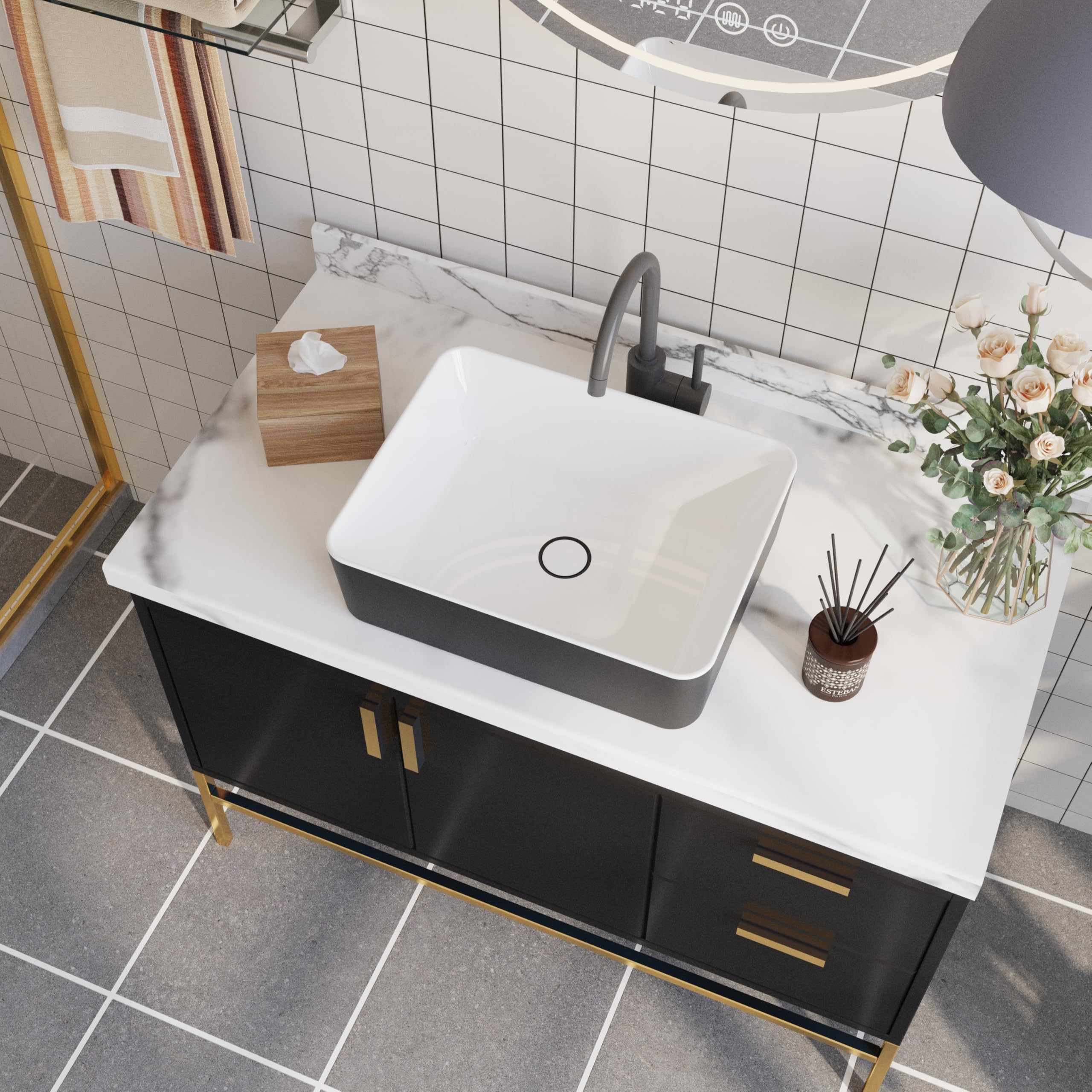 Ceramic Countertop Basin, DeerValley Rectangular Bathroom Vessel Sink, Washroom Basin Sink for Bathroom Lavatory Vanity Cabinet 48 x 37 x 13.5cm