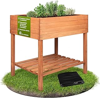 TTL GARDEN Balcony Raised Bed L 80 x 60 x 80 cm Wooden Planter & Flower Box with Storage Shelf and Film Fir Wood Weatherproof Plant Bed Herb Bed Flower Bed for Garden Balcony Patio Brown