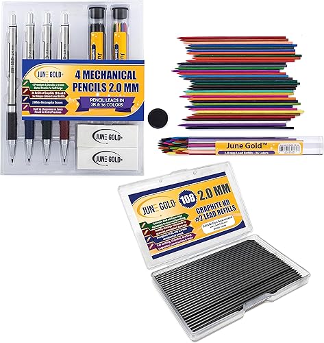 June Gold 4 lápices mecánicos 2B de 0.079 in de alta calidad, 36 repuestos 2B, 108 repuestos HB, 72 repuestos de colores, 2 borradores resistentes a