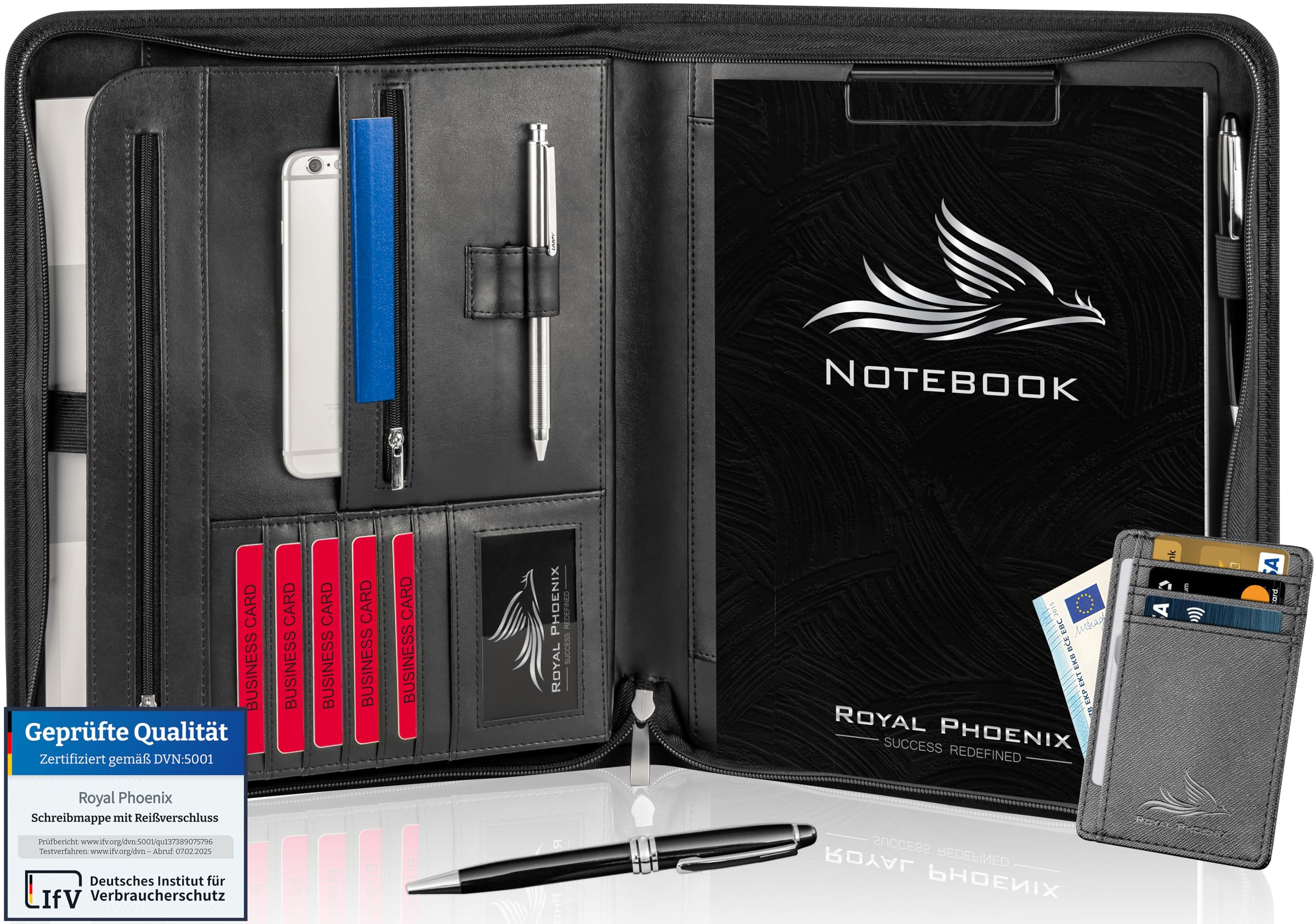 Royal Phoenix Falcon Business Writing Case A4 High-Quality Business Folder with Zip Including Credit Card Holder and Other Extras Document Folder Made of High-Quality Faux Leather in Black