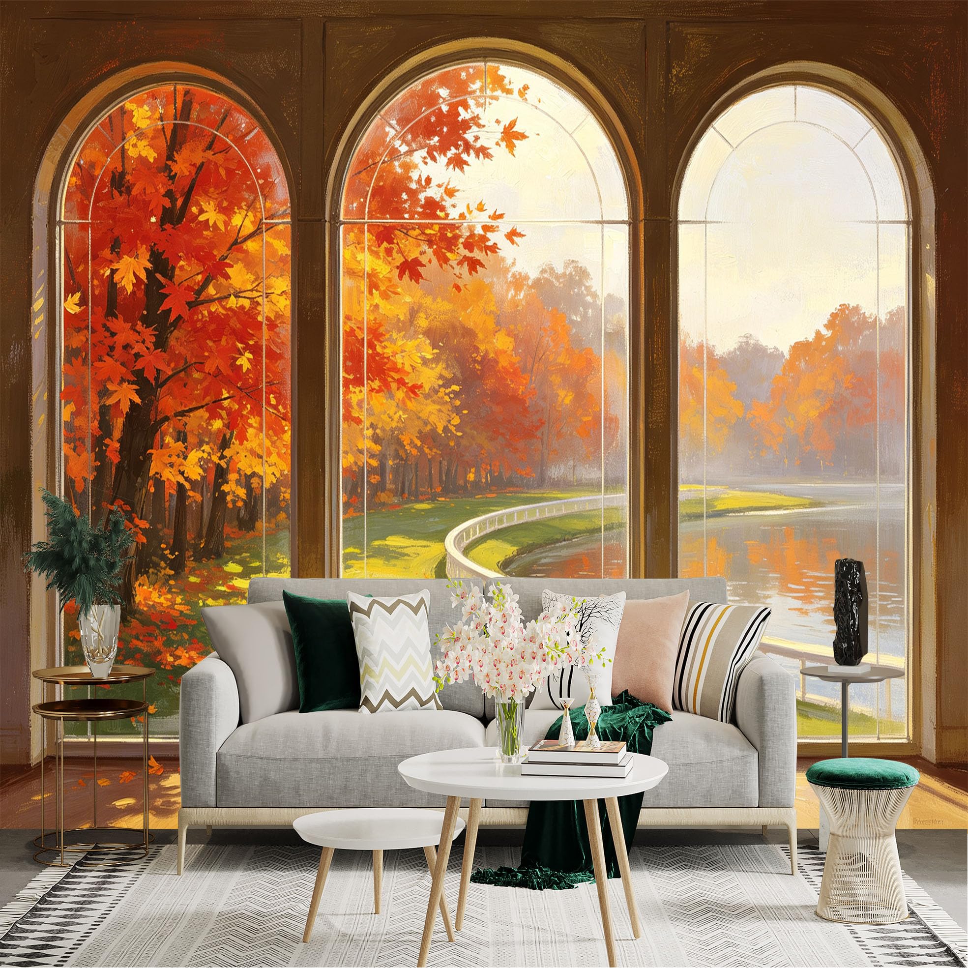 Custom Size Wall Sticker Mural， Autumn Maple Trees， Scenic Lakeside View， Peaceful Park Landscape， Oil Painting Style， for wall Decoration， peelandstick wall Decals.