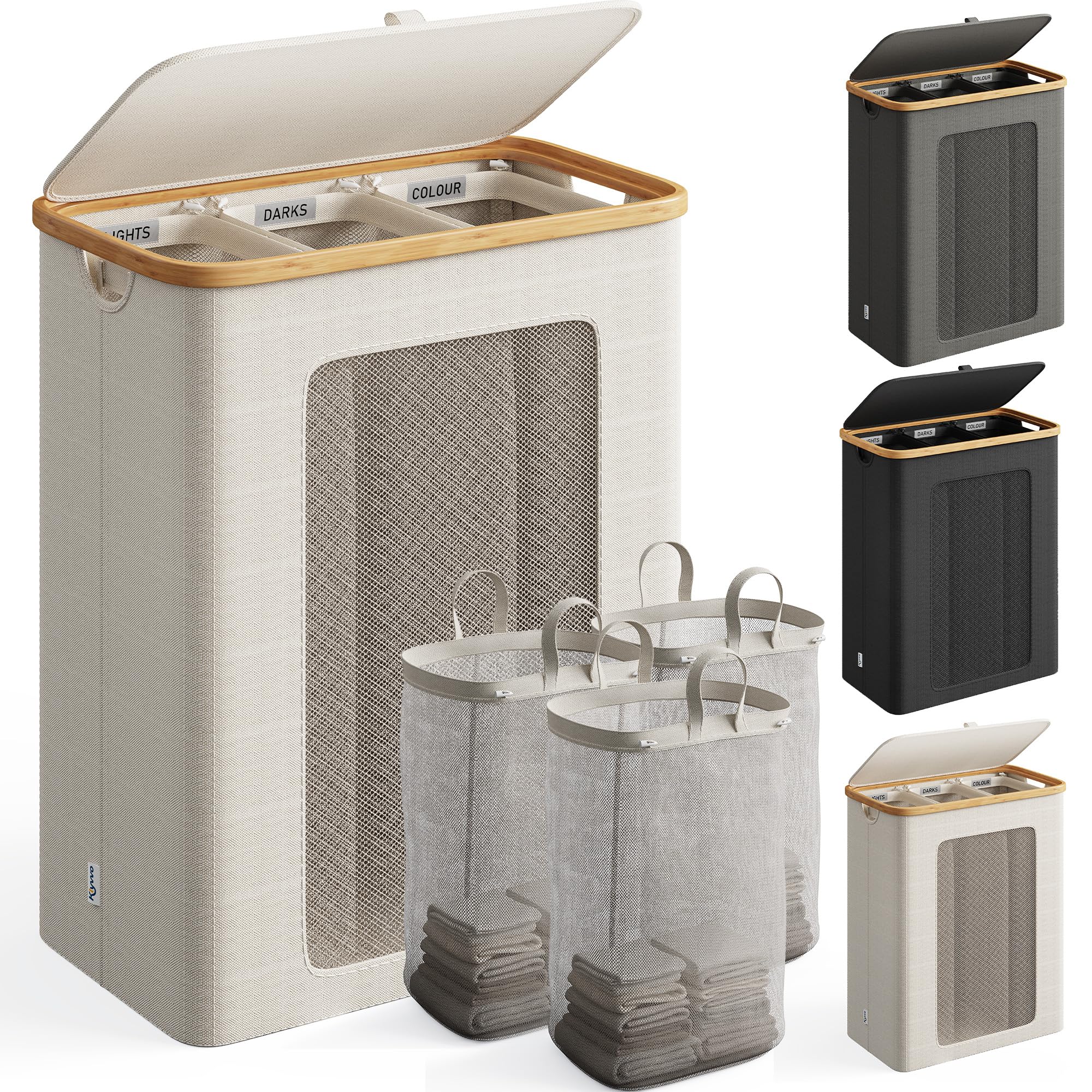 Wäschekorb 3 Fächer 160L, Wäschesammler mit Deckel, Bambusrahmen und 600D wasserdichtem Oxford Stoff, mit 3 herausnehmbaren Innentaschen für Schlafzimmer und Badezimmer, Beige