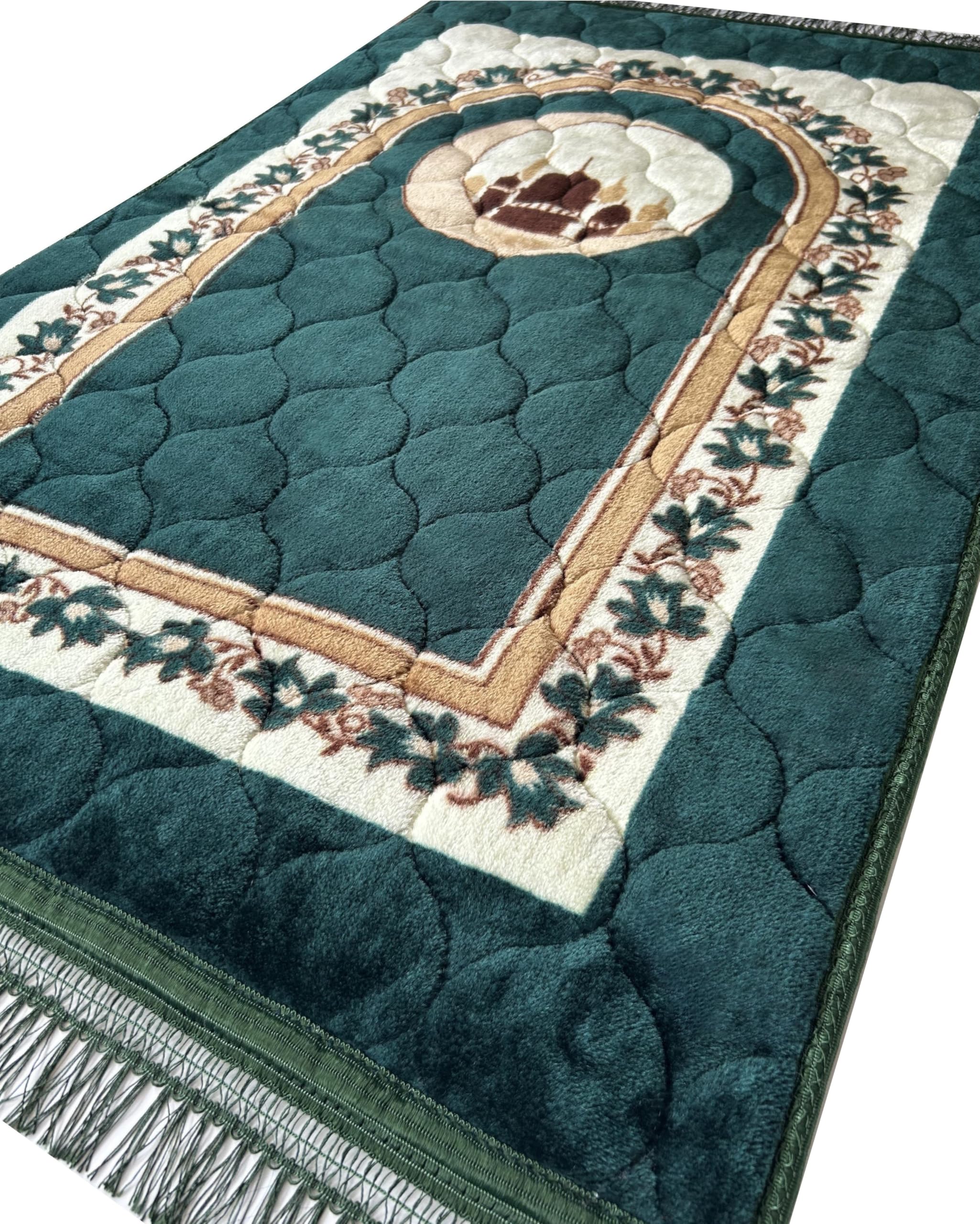 Prayer Rug Muslim Mat Islamic - Very Thick Prayer Rug Sajadah for Men Women with Islam Prayer Beads for Eid Travel Ramadan, Soft and Luxury (R_Green)