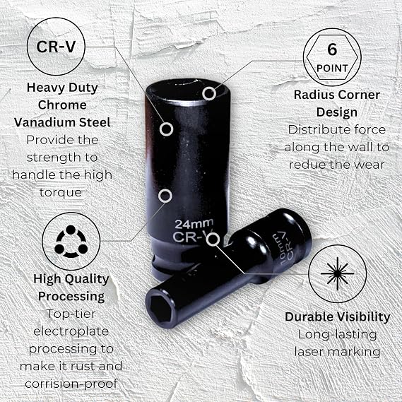 1/2 Drive Impact Socket Set,29-Pieces Metric (10-24mm) and SAE (3/8 to 1 inch) Sizes with 3, 5, 10 Extension bars,Deep, 6 Point,Cr-V Steel(1/2 Socket Set, Metric and SAE, 29pcs)