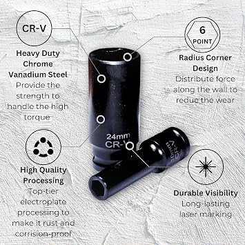 1/2 Drive Impact Socket Set,29-Pieces Metric (10-24mm) and SAE (3/8 to 1 inch) Sizes with 3, 5, 10 Extension bars,Deep, 6 Point,Cr-V Steel(1/2 Socket Set, Metric and SAE, 29pcs)
