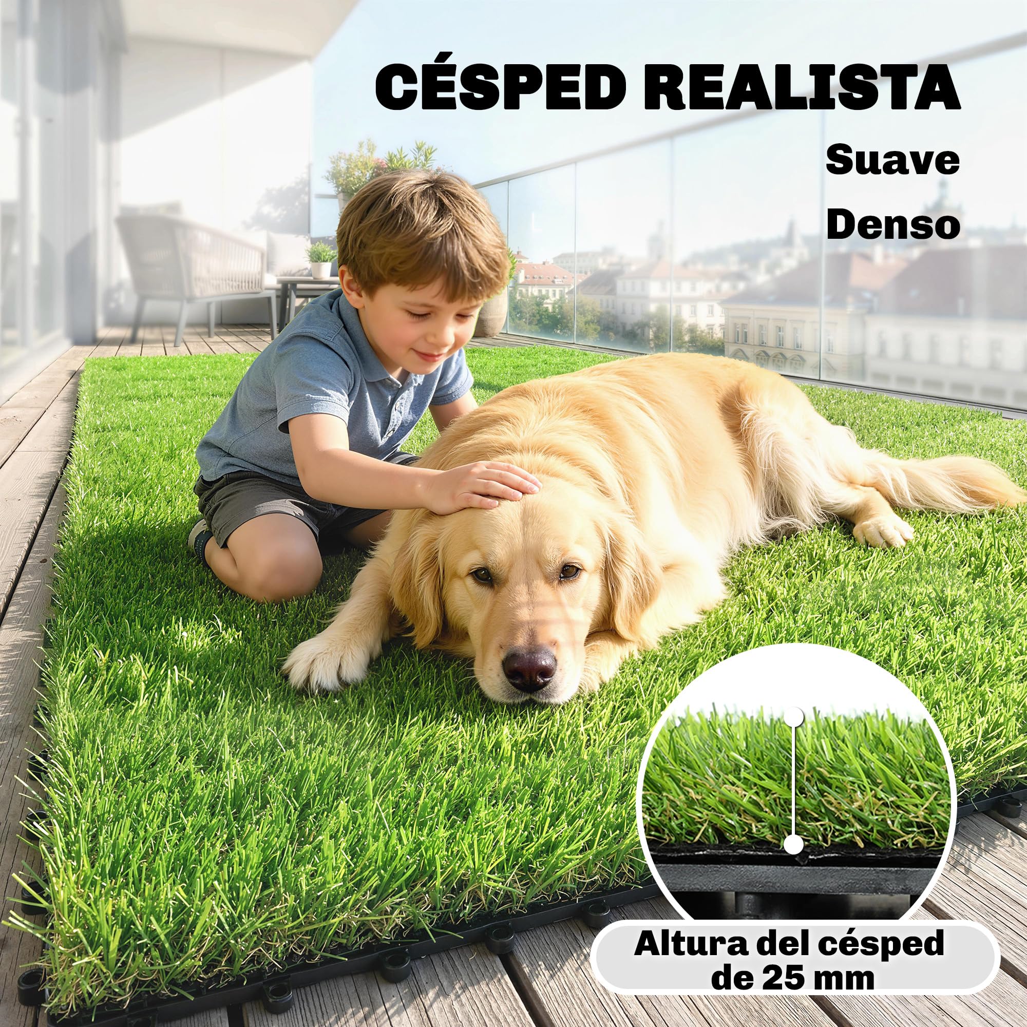 Outsunny Césped Artificial de 22 Piezas, Alfombra Césped Artificial 30x30 cm, con Altura de Hierba 25 mm, Drenaje Automático, para Jardín, Terraza, Patio, Balcón, Verde
