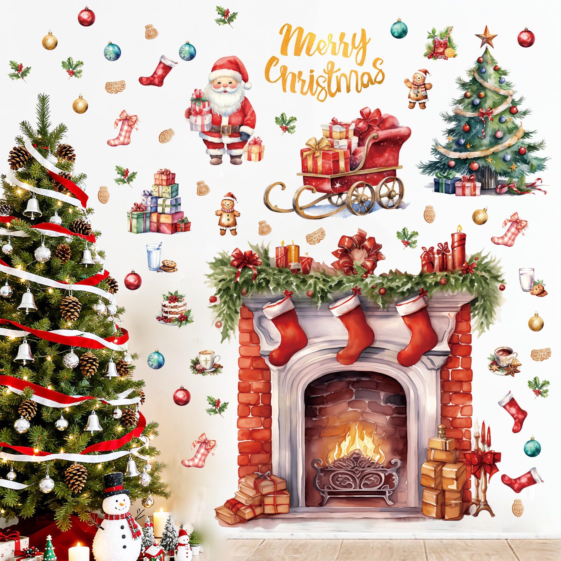 KAIRNE Large Hearth Fireplace Wall Decals Gold Merry Christmas Wall Decor Cartoon Santa Claus Hanging Stickers Grinch Xmas Tree Window Clings Christmas Eve Home Decorations for Living Room 90X60CM — image 1