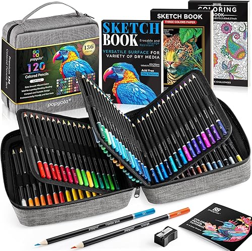 POPYOLA Juego de 136 lápices de colores con estuche portátil, suministros de arte, 120 lápices de colores para adultos, libros de colorear con