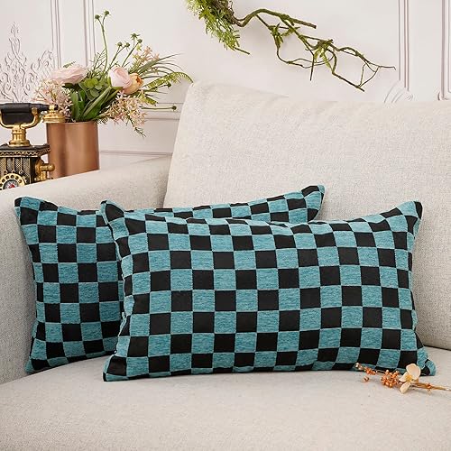 YOUR SMILE Juego de 2 fundas de almohada decorativas de felpilla a cuadros de granja, para sofá, banco y sofá (12 x 20 pulgadas, verdenegro)