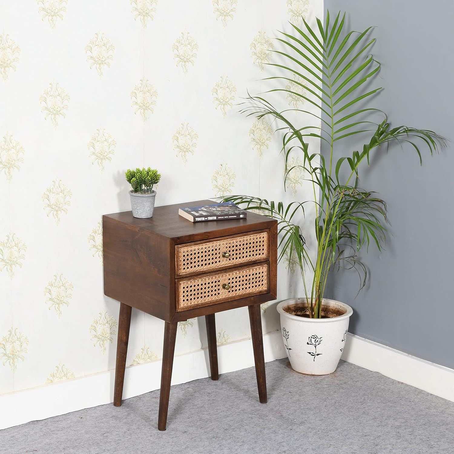 Jodhpur Home Wooden Cane Bedside Table (JHF308, Walnut, 18 x 15 x 25