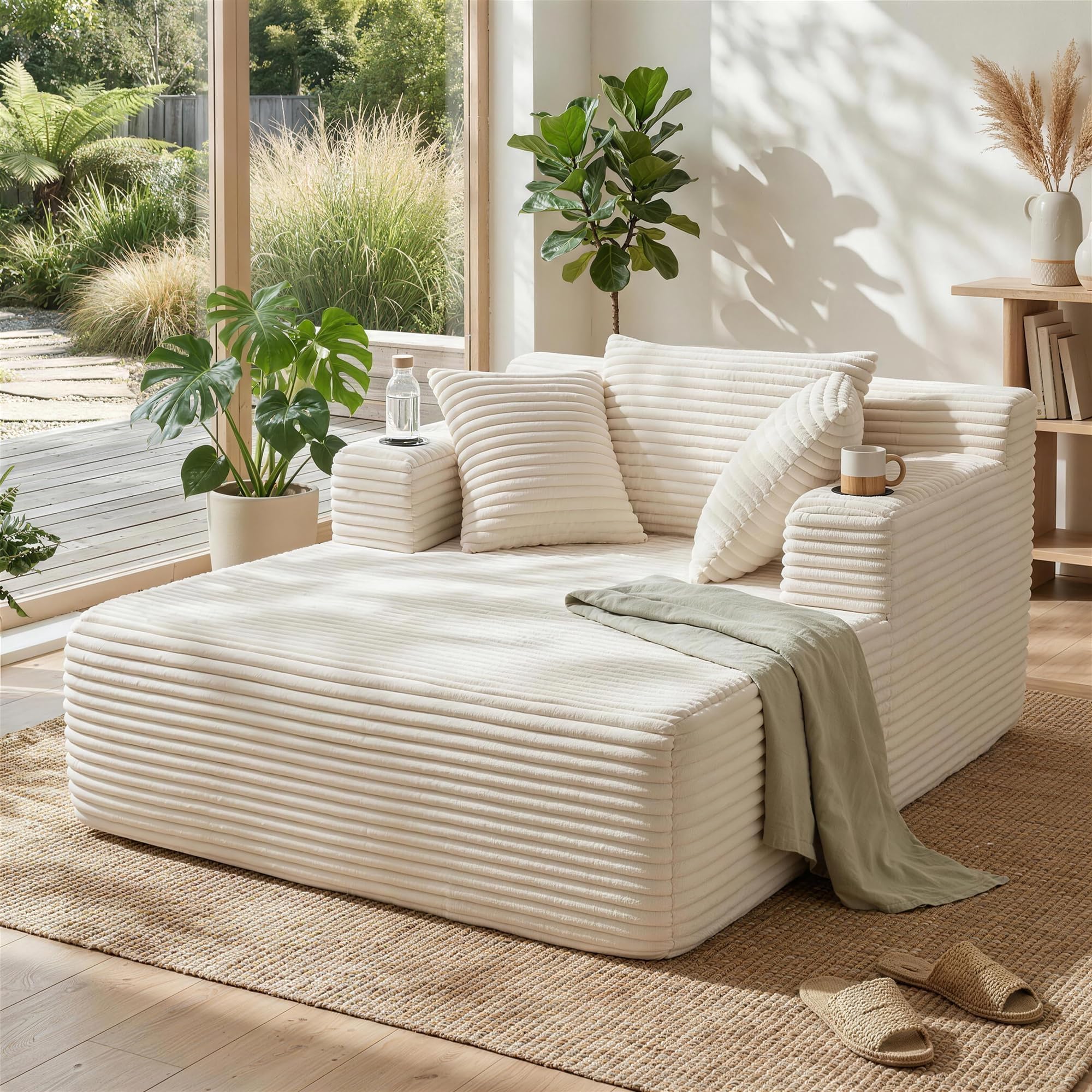 YINIX Chaiselongue Sofa aus Cord, XXL Einzelsessel mit Schlaffunktion, Loungesessel inkl. 3 Kissen & Getränkehalter, Hochdichter Schaumstoff Bodensofa, Kratzfest & Stabil, 165x122x71cm