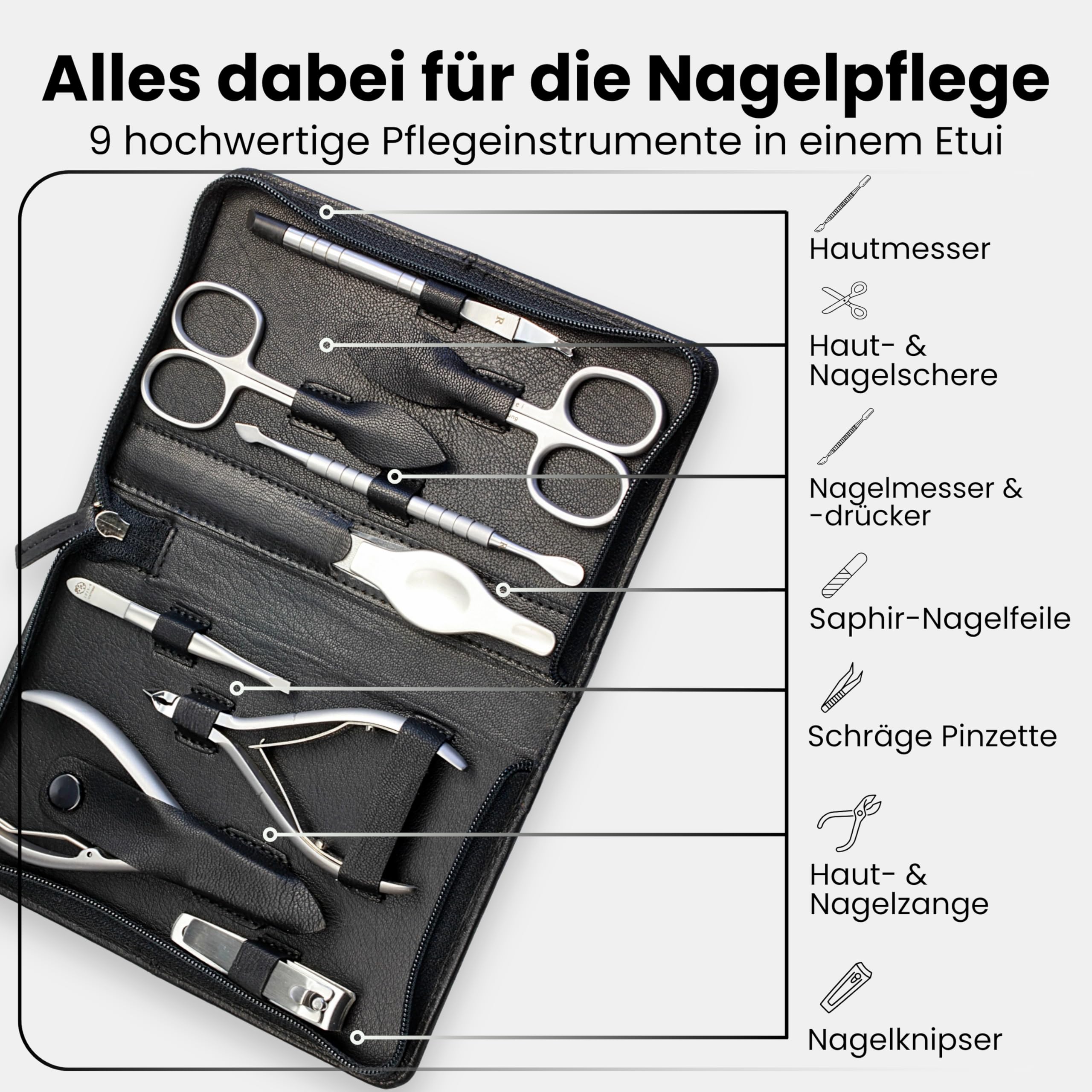 Hans Kniebes Maniküre Set 9-teilig Schwarz – Profi Nagelpflege & Pediküre Set aus Edelstahl – Nappa Schafleder Etui mit Reißverschluss – Nagelschere, Zangen & Knipser – Premium Manikürbesteck