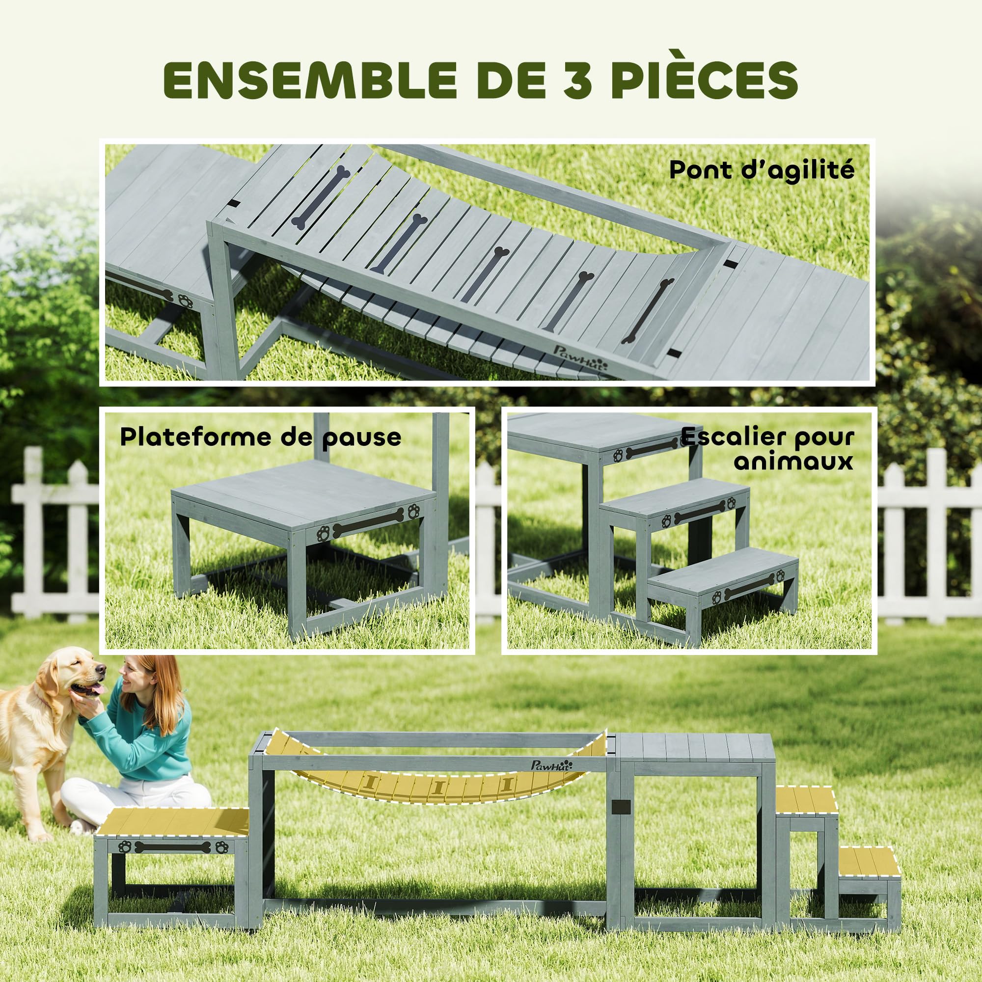 PawHut Equipo de Entrenamiento Agilidad para Perros 3 Piezas Gris | Kit de Agilidad para Perros, 3 Piezas, Plataforma de Pausa, Escalera, Madera Maciza, Material de Propiedocepción