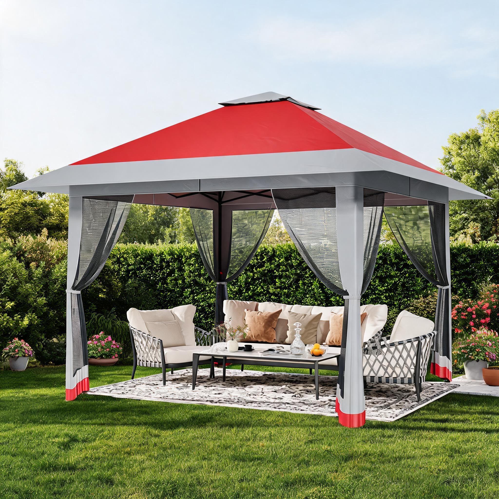 Cantilever Pop Up Gazebo 13x13ft, Roll-Up Eaves, Red