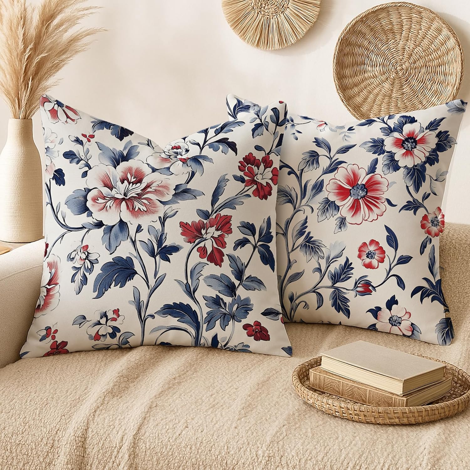 Vintage Red and Blue Floral Pillow Covers 18x18 Set of 2, Elegant Classical Art Deco Flower Botanical Decorative Throw Pillow Covers for Home Bedroom Living Room, Double-Sided - Image 6