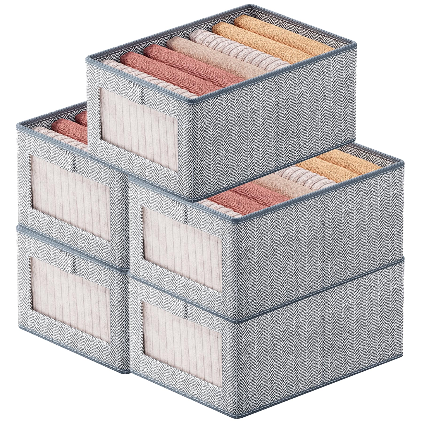 Set di 5 scatole portaoggetti in tessuto, organizer per vestiti, con finestra trasparente, per jeans, pantaloni, camicie, leggings, maglioni, grandi