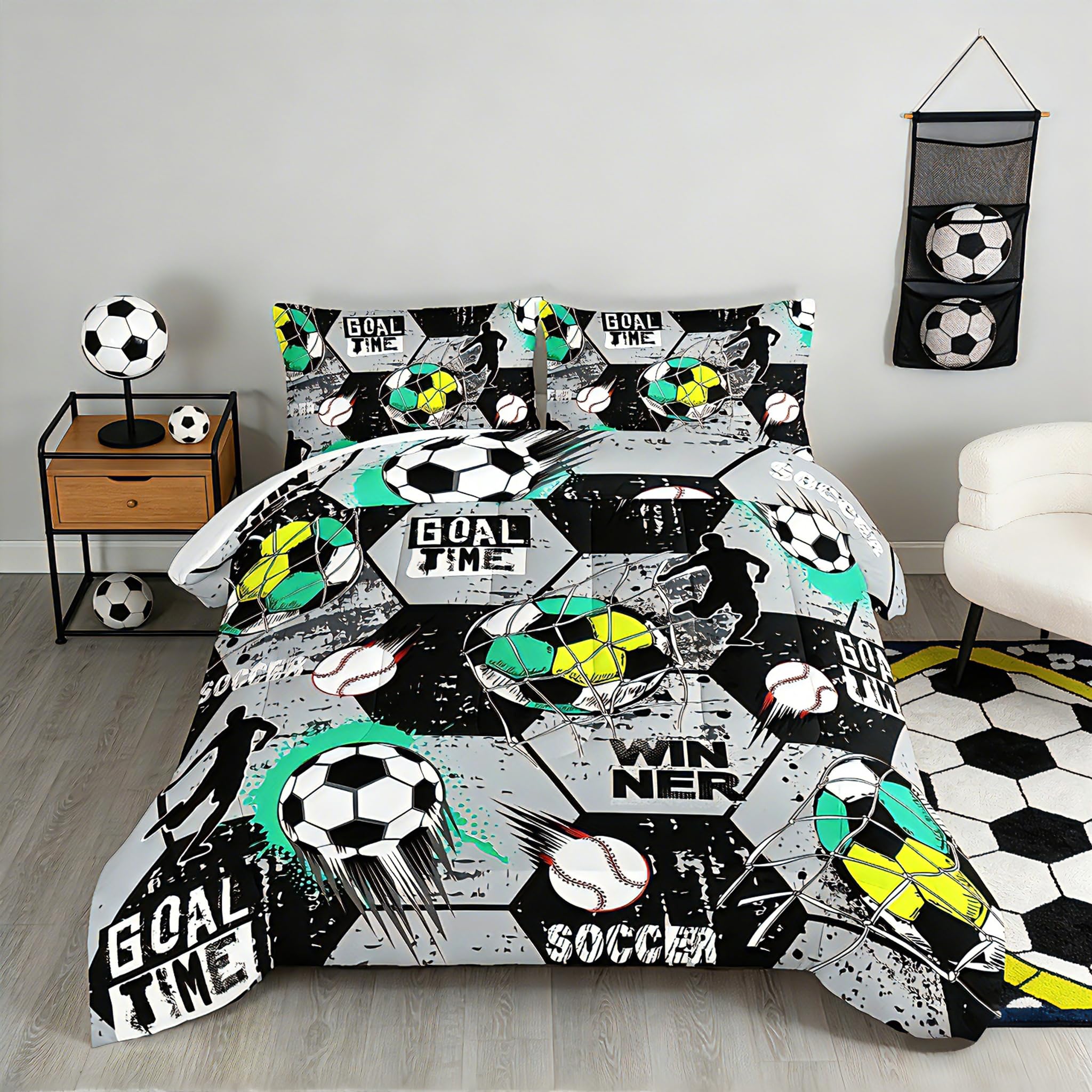UEVBF Soccer Bedding Comforter Set Full Size,Football Baseball Printing Ball Gamer Bedding Set,Sports Themed Room Decor for Teens Boys,Gray Black