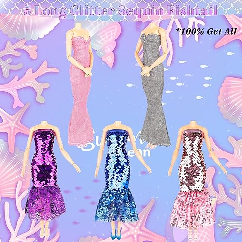 Miniatura 2 de Ropa y accesorios de muñeca de sirena con lentejuelas y brillantina, 12 vestidos de fiesta con purpurina brillante, 2 adornos de corona diferentes y