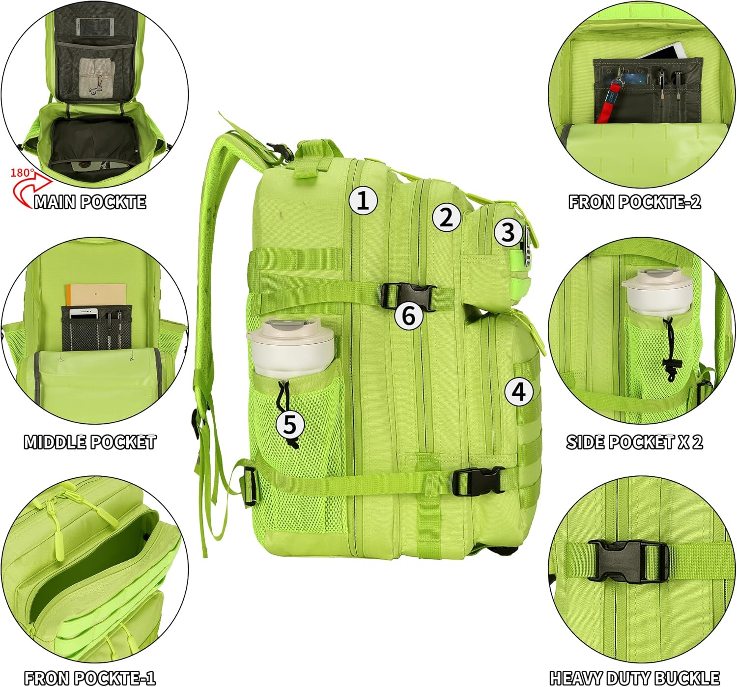 25L/45L Tactical Backpack Military Tactical Backpack Heavy Duty Molle Assault Pack for Work Gym Outdoors (1.0 25L-bright green, Small) - Image 4