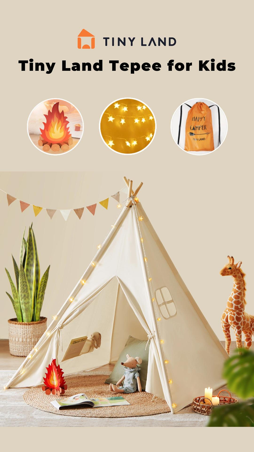 Tiny Land Teepee Tent for Kids with Star Lights & Campfire Toy