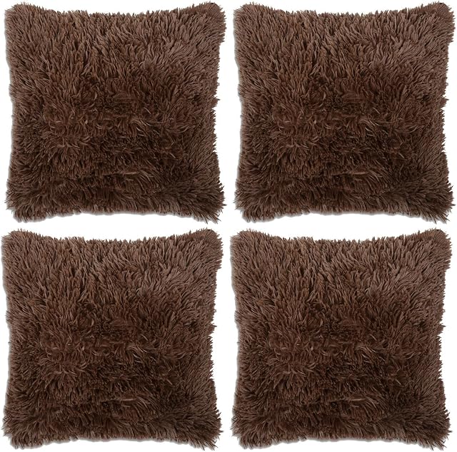 Adore 4 x Long Pile Soft & Cuddly Shaggy 17x17 (43x43cm) Faux Fur Cushion Cover, Chocolate