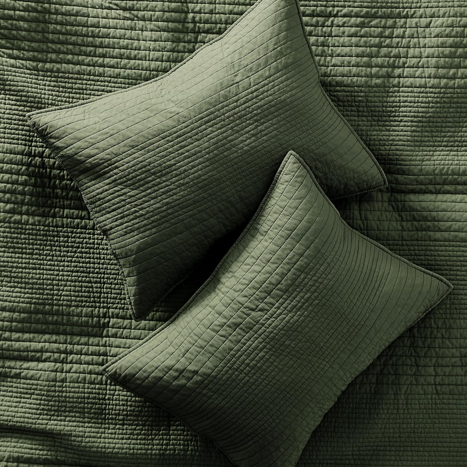 palassio Striped Olive Green 100% Cotton Quilt King Size Bedding Sets, Lightweight Crinkly Channel Pick Stitch Textured Bedspread Soft Shabby Chic Farmhouse Country Coverlet for All Season, 2 Shams - Image 6