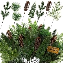 QUOZUO 50 Pcs Artificial Pine Branches with Pine Cones, 5 Styles Faux Greenery Pine Stems Cedar Leaves Plastic Needle Sprigs for Christmas Tree Wreaths Garlands DIY Accessories Home Decor