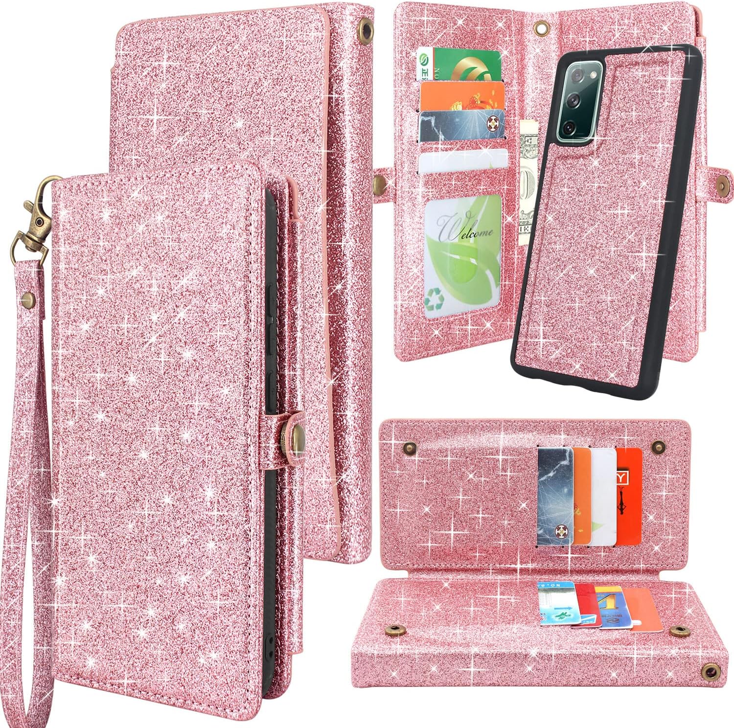 Harryshell Detachable Magnetic 12 Card Slots Wallet Case PU Leather Flip Protective Cover Wrist Strap for Samsung Galaxy S20 FE 5G Case (2020) (Bling Pink)