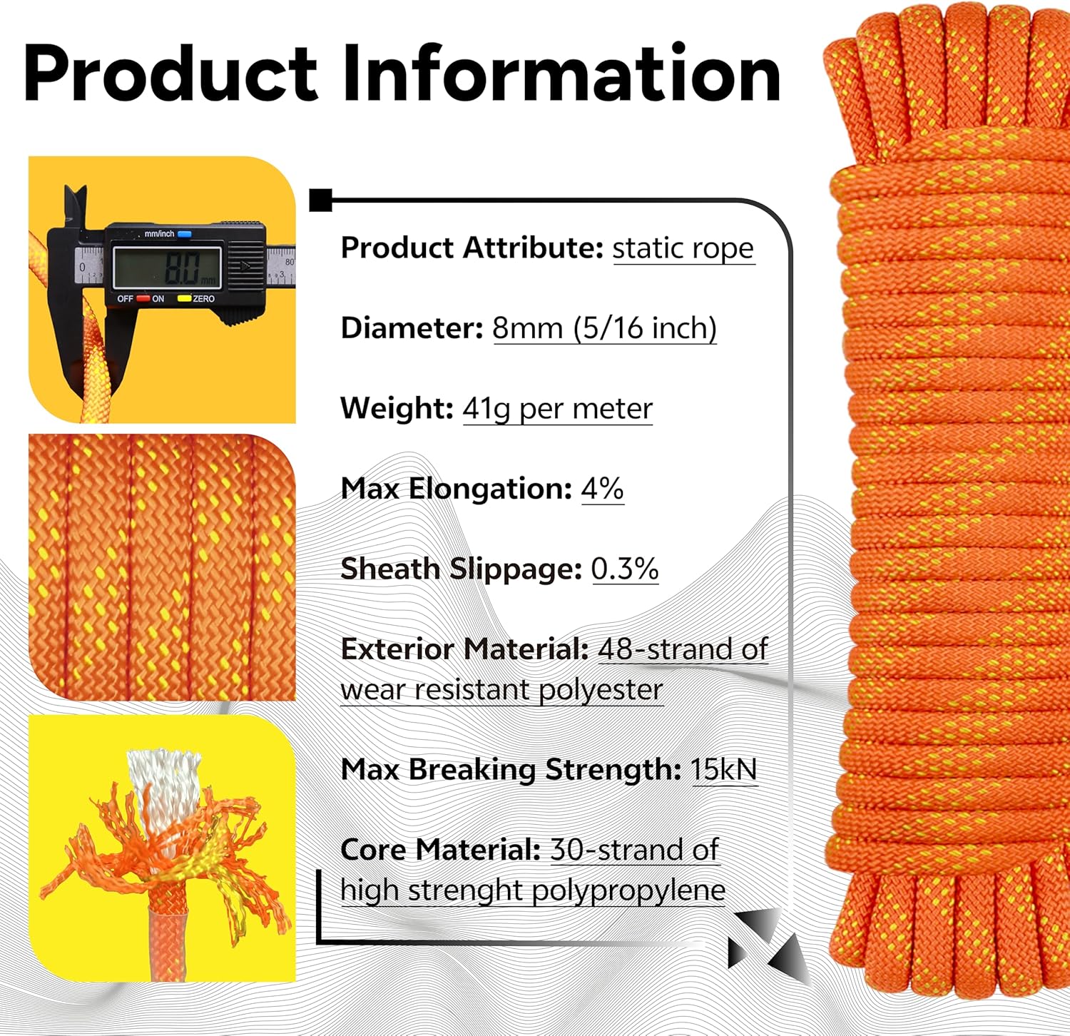 8mm Static Climbing Rope: Heavy Duty Outdoor Rock Climbing Rope for Arborist Tree Work, Rescue, Camping & Hiking, (10m/32ft, 20m/64ft, 30m/96ft) Orange/Black (Orange, 96 Feet)