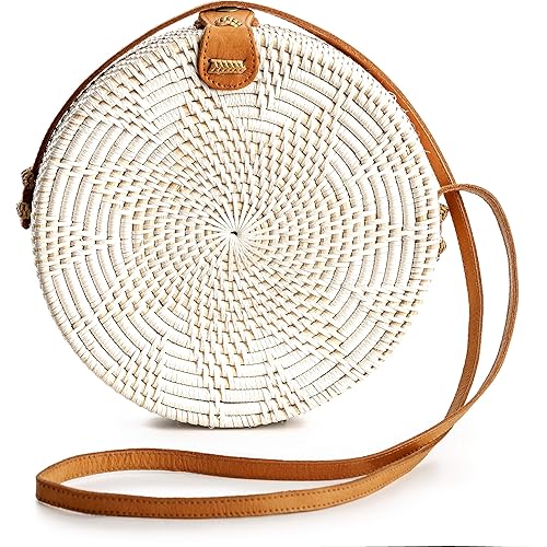 Novum Crafts Round Rattan Bag for Women - Handmade Straw Bags - Wicker Purse - Brown White Circle Crossbody Boho Bags