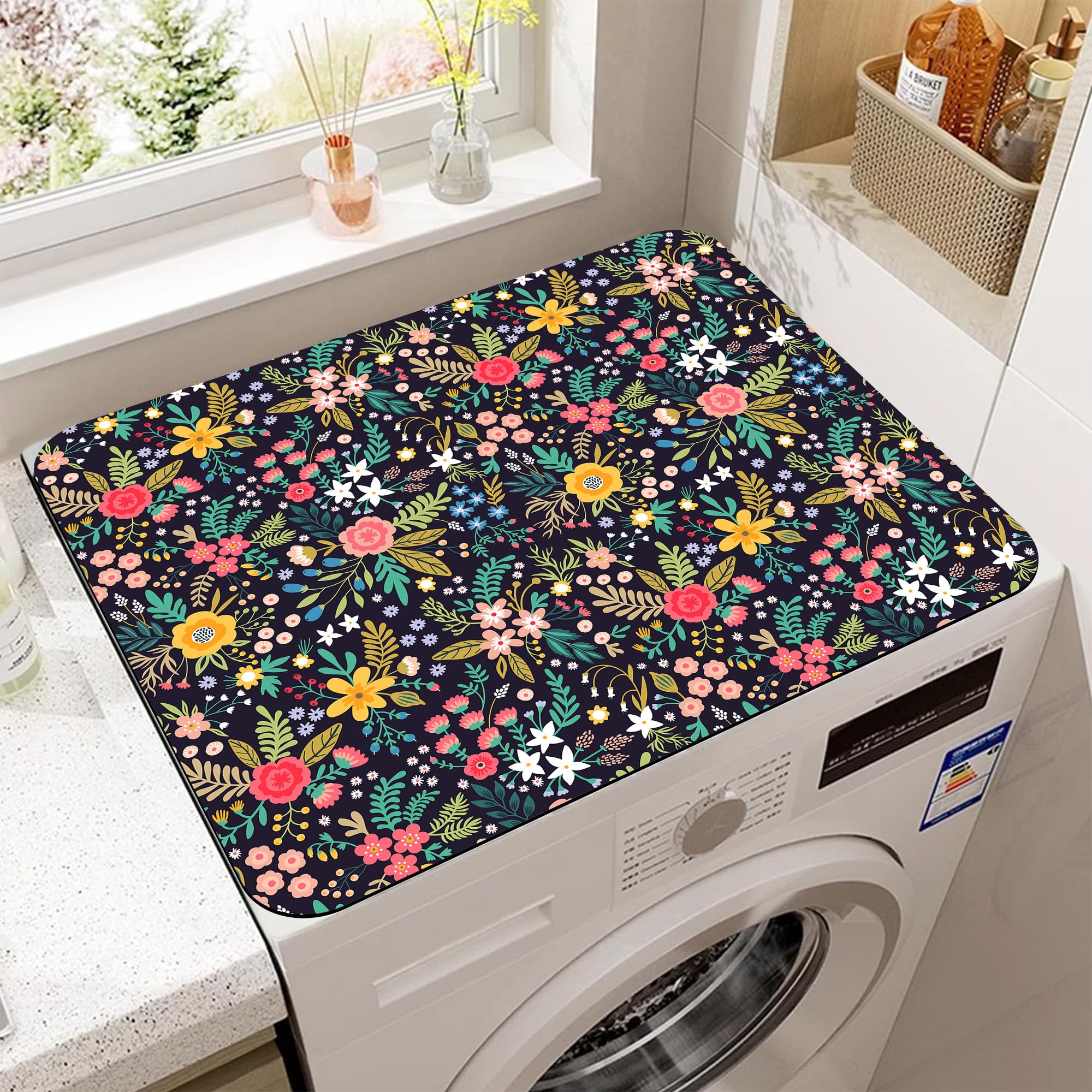 Bright Colorful Flowers Plants and Berries Dryer Top Protector Mat,Dust-proof Washer and Dryer Covers For The Top,Non-slip Washing Machine Dust Cover Pad for Laundry Room Home Decor,23.6"x19.7"