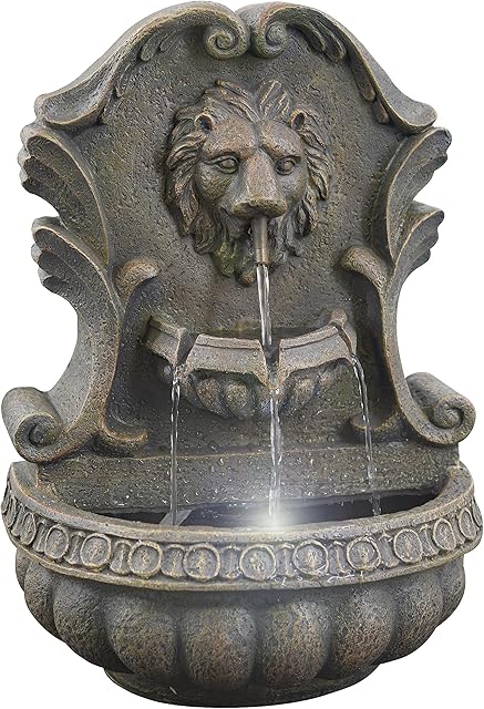 GEEZY Garden Water Feature LED Lion Fountain Indoor/Outdoor Cascading Freestanding Polyresin Garden Statue Lights
