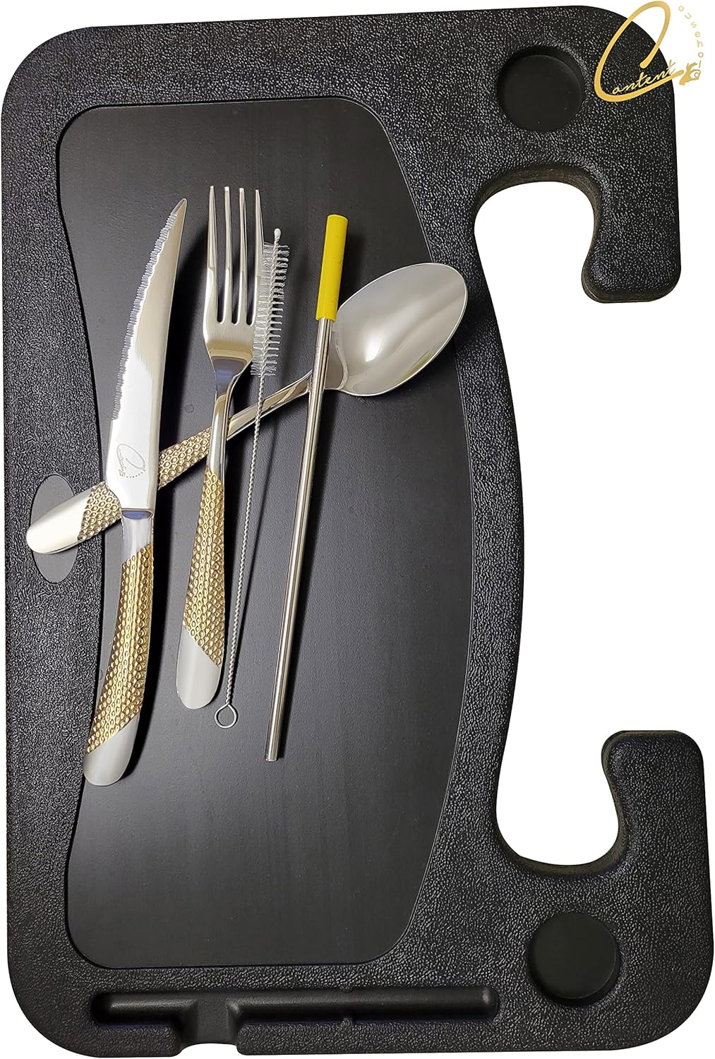 Travel Cutlery Set 8 Pieces with Case - Reusable Stainless Steel Flatware Fork Knife Spoon Metal Straw - Portable Utensils Gold Silver Camping Silverware Kit