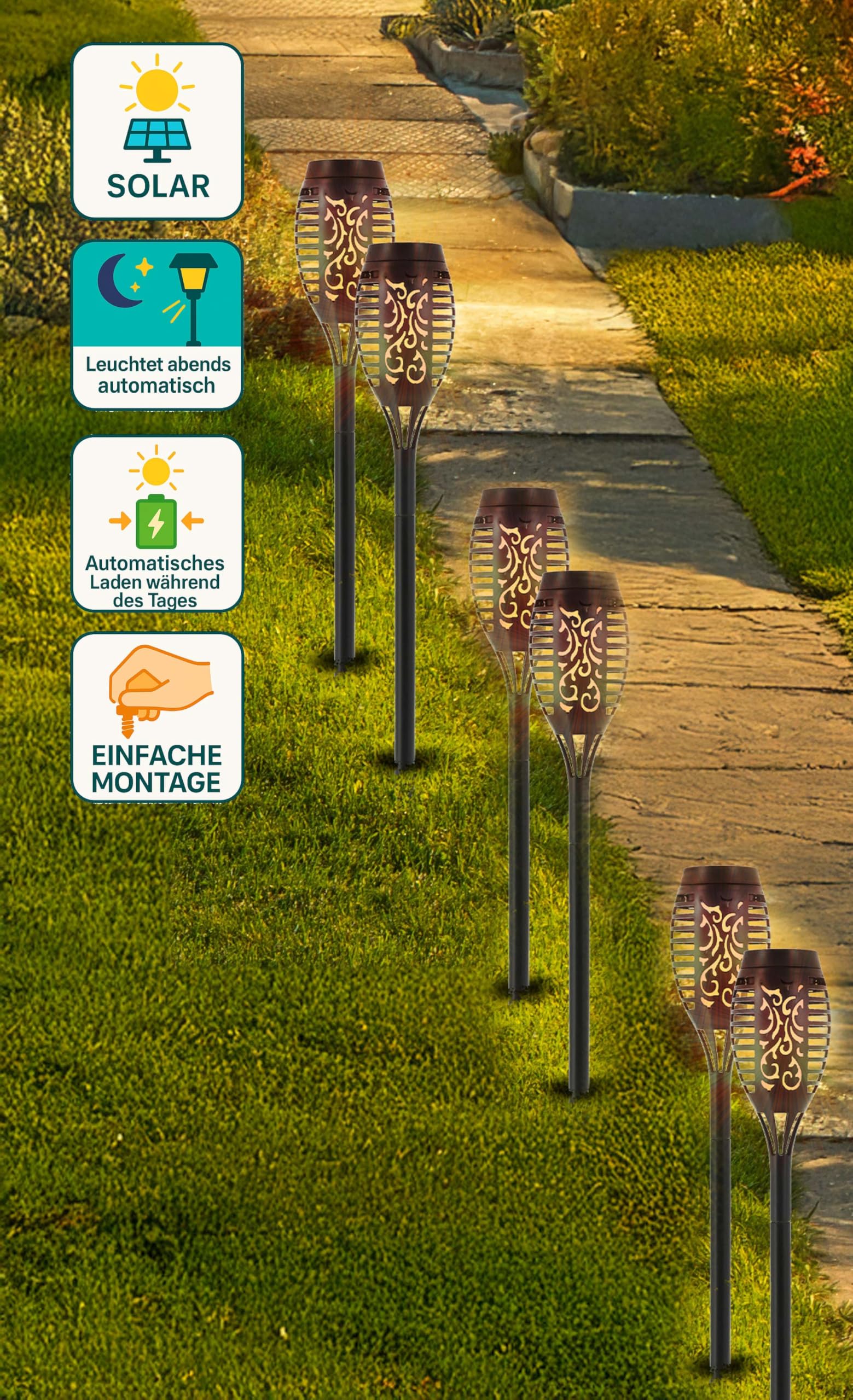 MucHome Solar Gartenfackeln 6er Set - Realistischer Flammeneffekt 51cm Wasserdicht