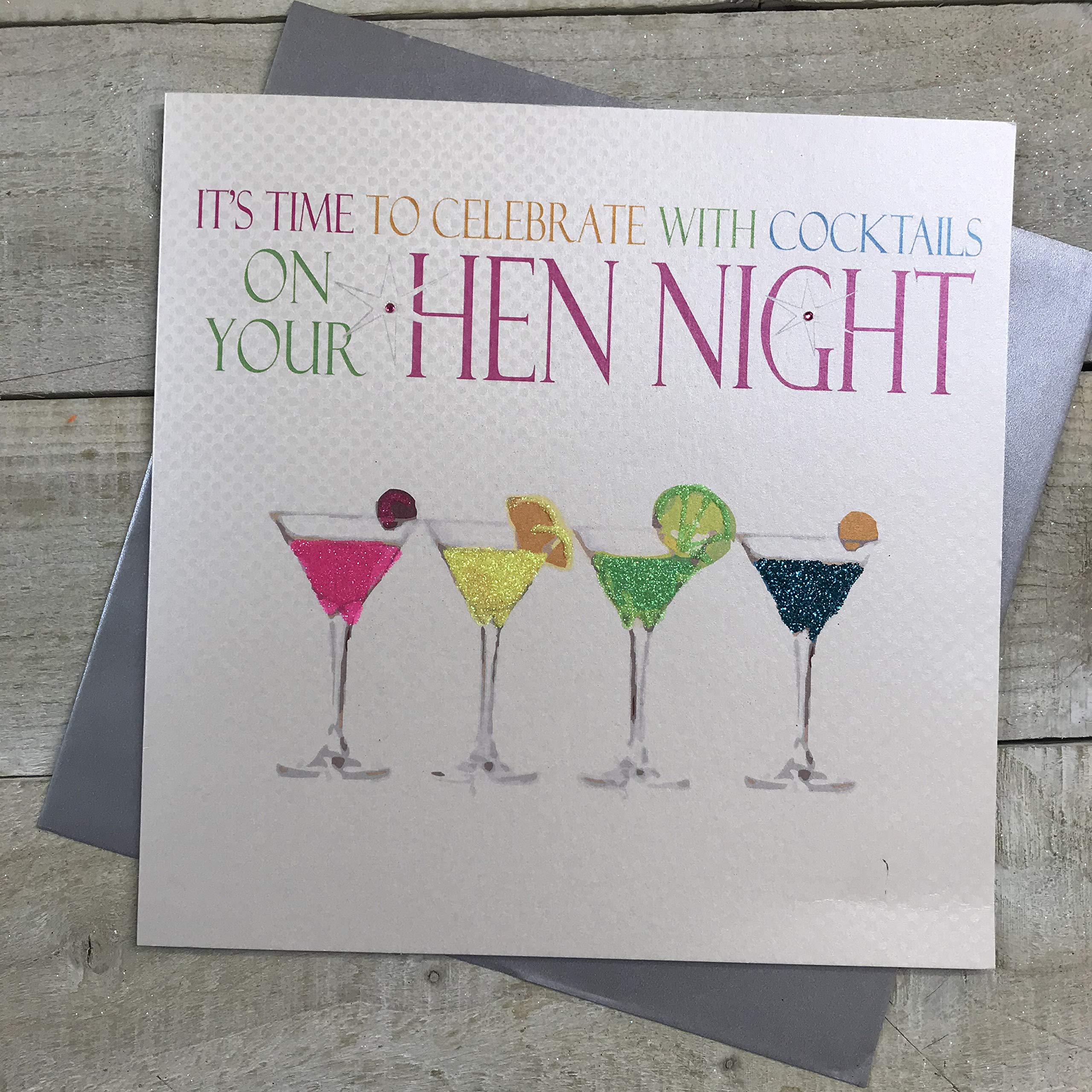 white cotton cards "It's Time To Celebrate with Cocktails On Your Hen Night Neon Cocktails Handmade Card, White, XMN39