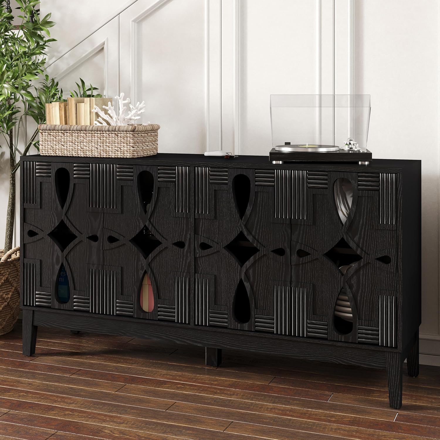 Rustic Vintage Black Sideboard Buffet Cabinet with Storage, 60.5 Inch Mid Century Credenza with Hollow Carved Doors and Adjustable Shelf for Living Room, Kitchen, Sideboard TV Stand, Antique Cabinet