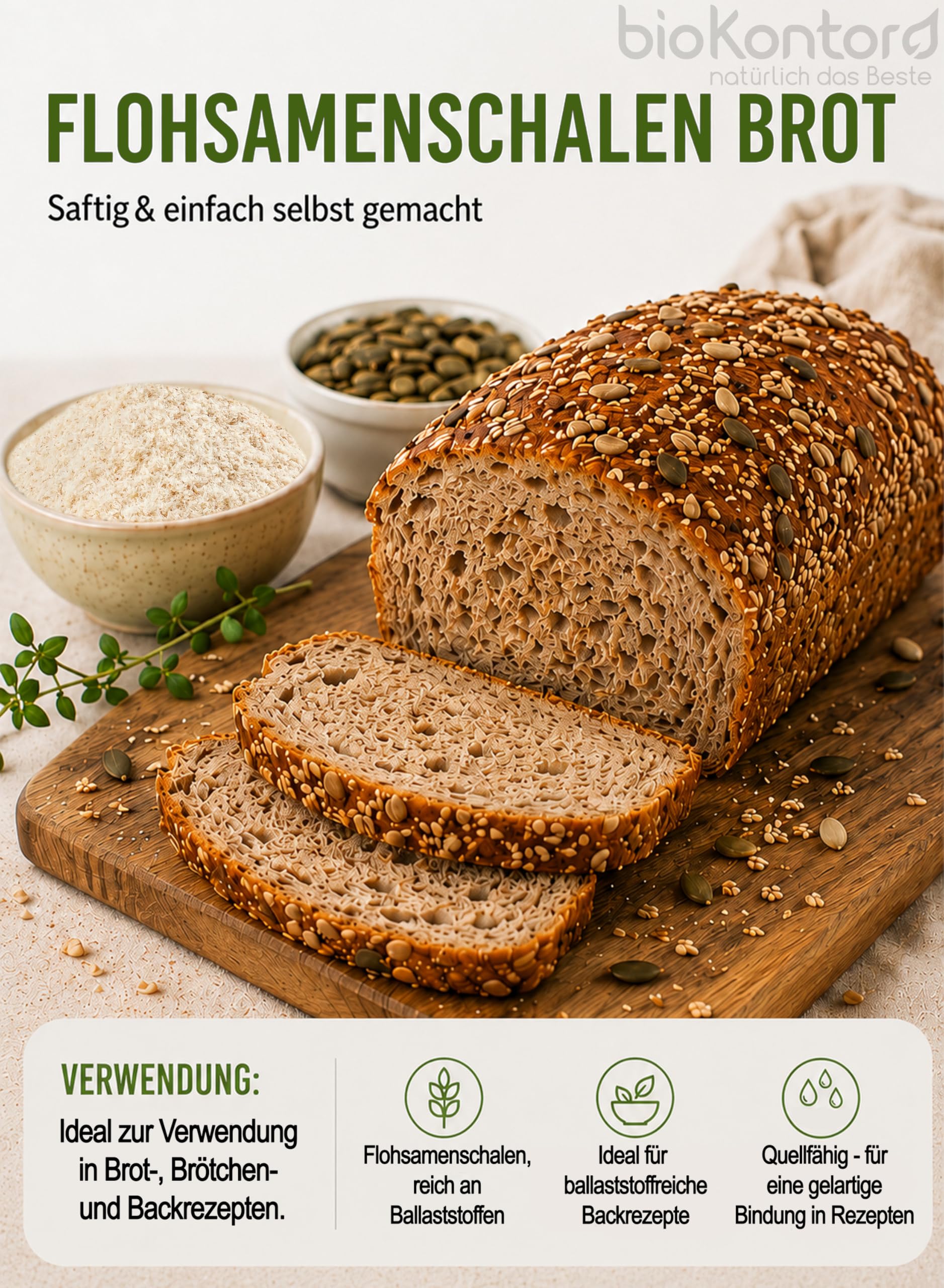 bioKontor – Bio Flohsamenschalen ganz 1000g 1kg – Psyllium Husk 99% Reinheit – indische Flohsamen Schalen – Low Carb Backen Getränke – Rohkostqualität – reich an Balaststoffen – deutsche Handabfüllung