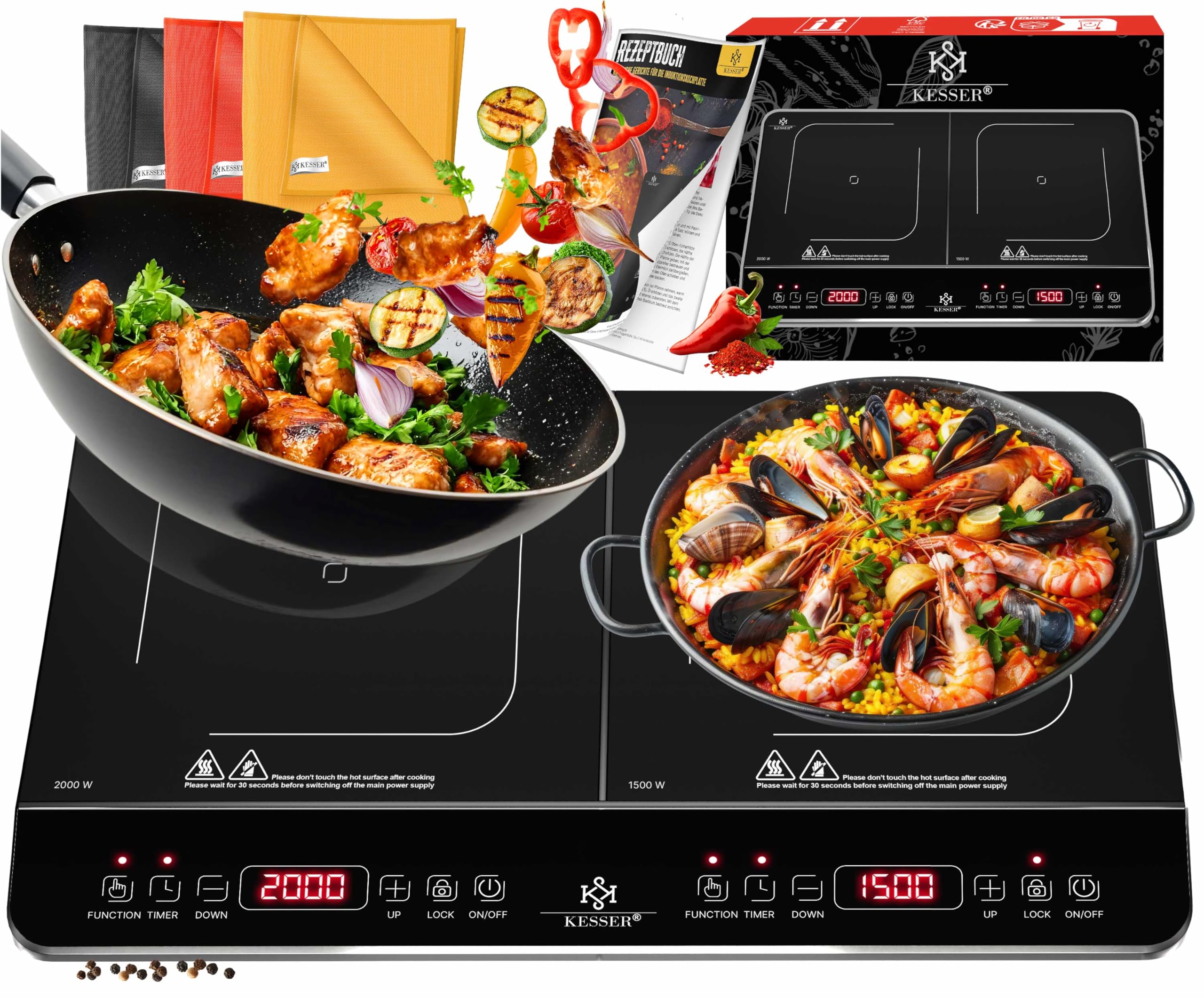 KESSER Plaque de cuisson à induction, 2 plaques, 3500 W, plaque de cuisson portable de 57 cm, 3 chiffons en microfibre + 1 livre de cuisine, 8 niveaux de chauffage, minuterie de 4 heures, contrôle