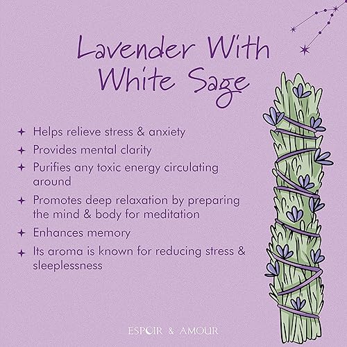 Miniatura 2 de ESPOIR & AMOUR Lavender Sage - 3 barras espirituales de salvia blanca y lavanda para limpieza negativa, palo atado a mano de 4 pulgadas