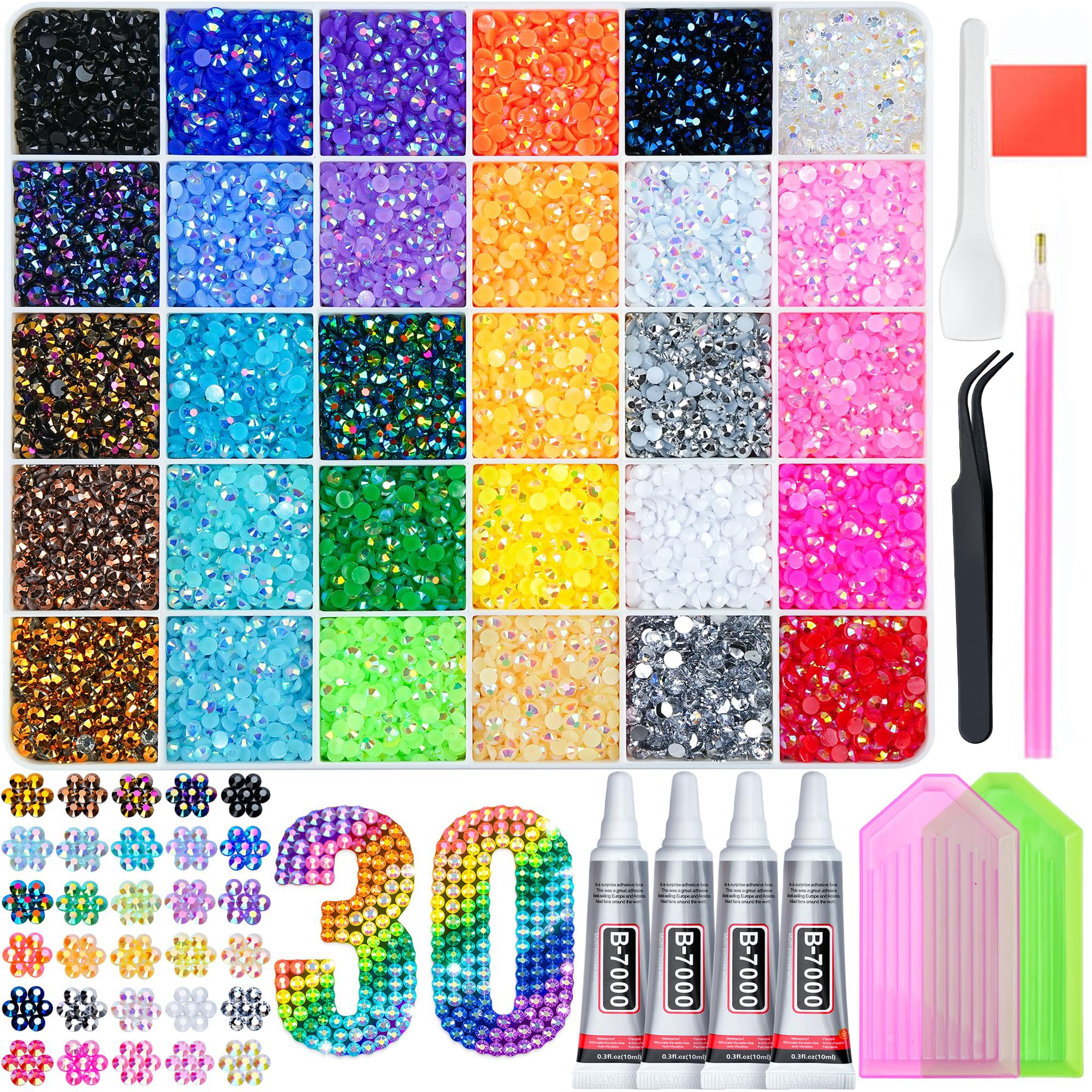 Bedazzling Kit 40000 Pcs Resin Jelly Rhinestones Kit, 30 Colors 3mm Flatback Rhinestones with 4 Pcs B7000 Jewelry Glue & Tools, Diamond Art for DIY Arts & Crafts Gifts