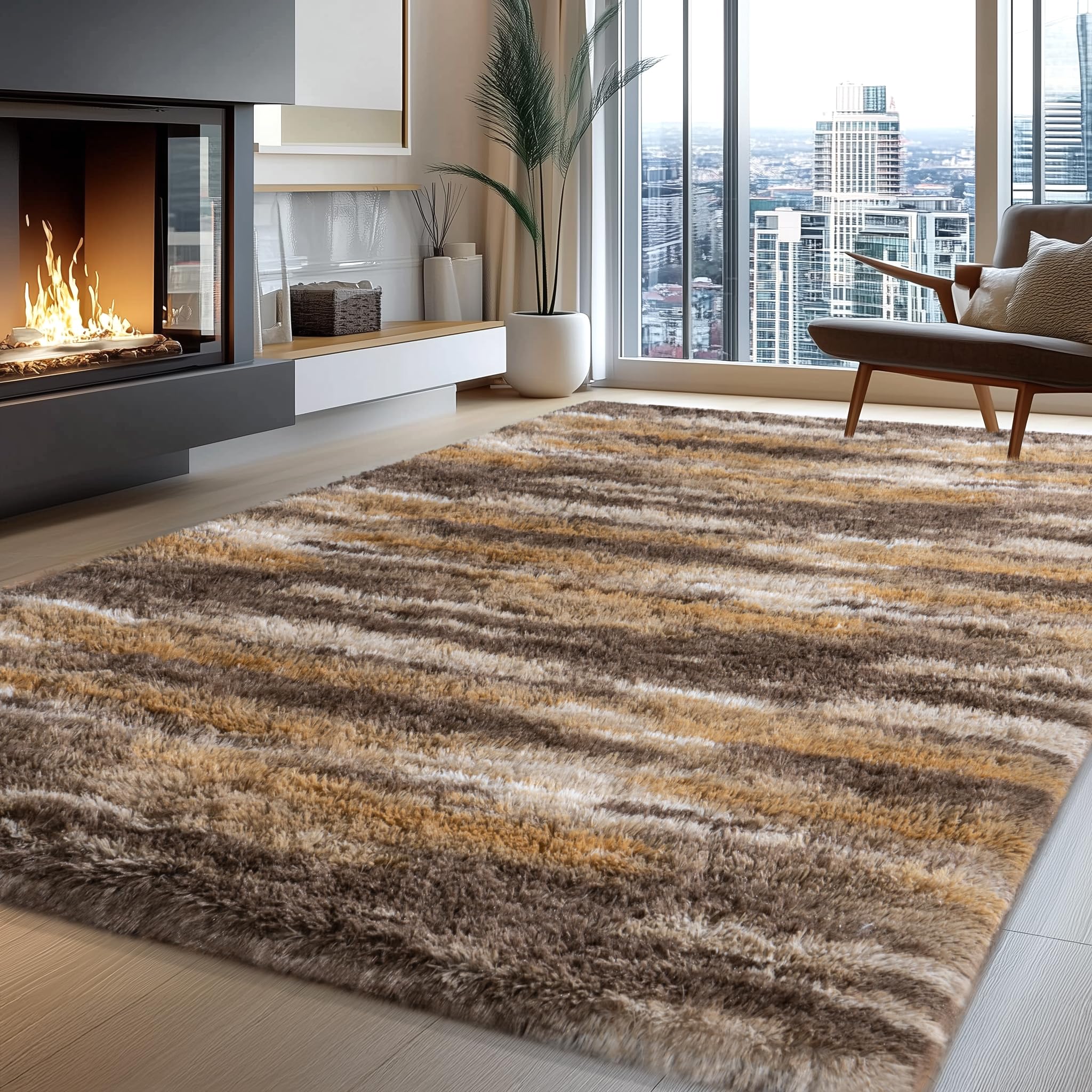 4x6 Abstract Brown Fluffy Rug for Bedroom Living Room Washable Non-Slip — image 1
