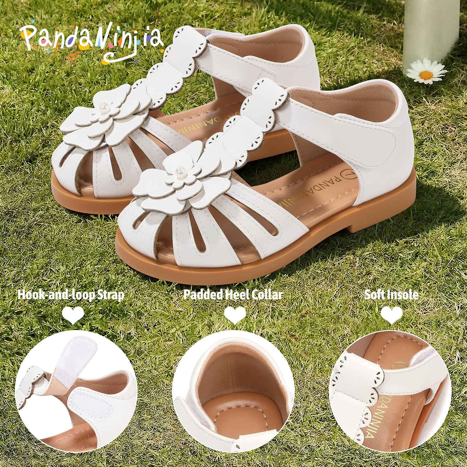 PANDANINJIA Toddler Sandals Closed Toe Flat Girls Sandals Little Kids T-Strap Summer Dress Shoes Party Wedding Flower Girl Shoes