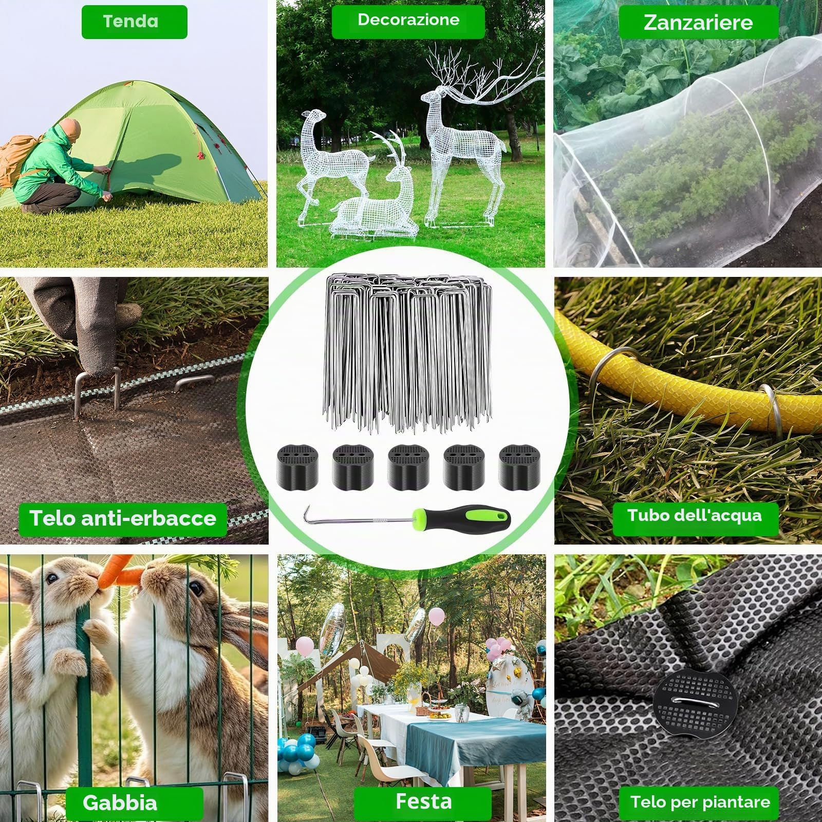 Picchetti Giardino, Picchetti Telo Pacciamatura, 100 Unità + 100 Rondelle +1 Gancio, 150x30x3mm, Da Campeggio, Tenda, in Acciaio, Erba Artificiale, Fissaggio per Campeggio