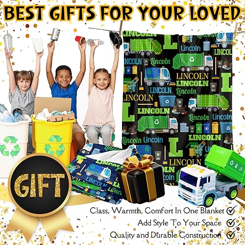 Miniatura 2 de Buyyet Manta de regalo personalizada con nombre, camión de basura para niños, manta de franela de forro polar suave para cama, sofá al aire libre,