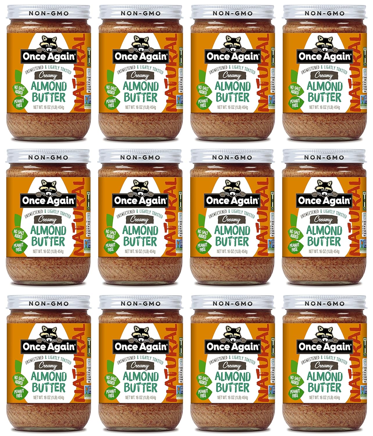 Once Again Natural Creamy Almond Butter 16oz - Lightly Toasted, Salt-Free Unsweetened, Gluten-Free Vegan Paleo - Case of 12 Glass Jars