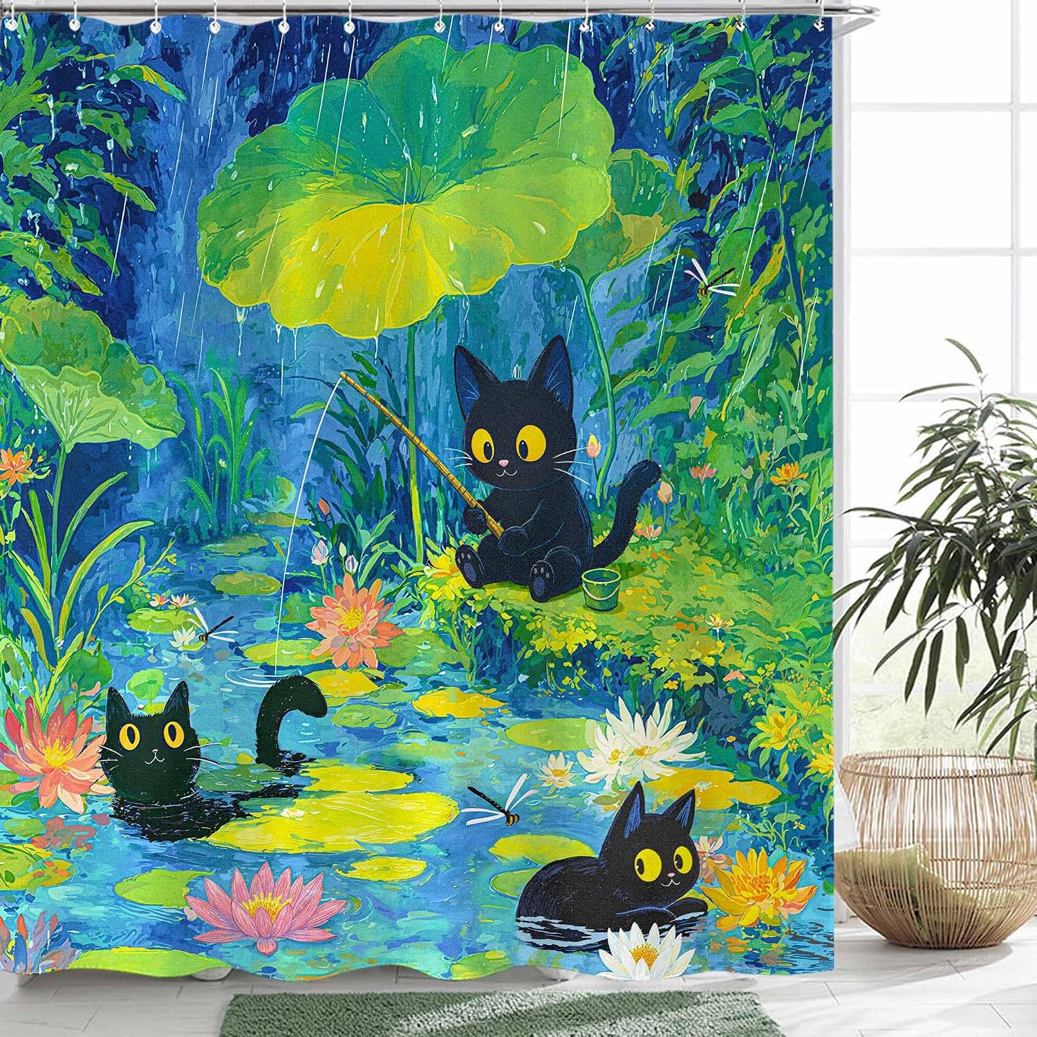 kampdream Funny Cute Cats Shower Curtain, Monet Lotus Pond Aesthetic Waterproof Fabric Bathroom Curtain Decor, Green 72x72 inch