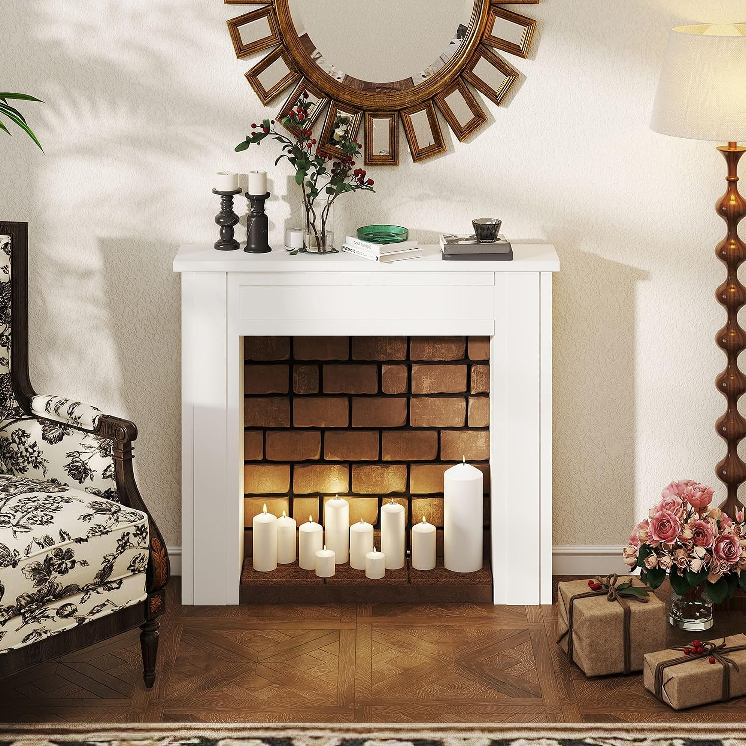 White Freestanding Electric Fireplace Mantel Surround 44.7" Wx40 Hx9.3 D, MDF & Fir Wood, 66lb Shelf Capacity, Clean Minimalist Profile