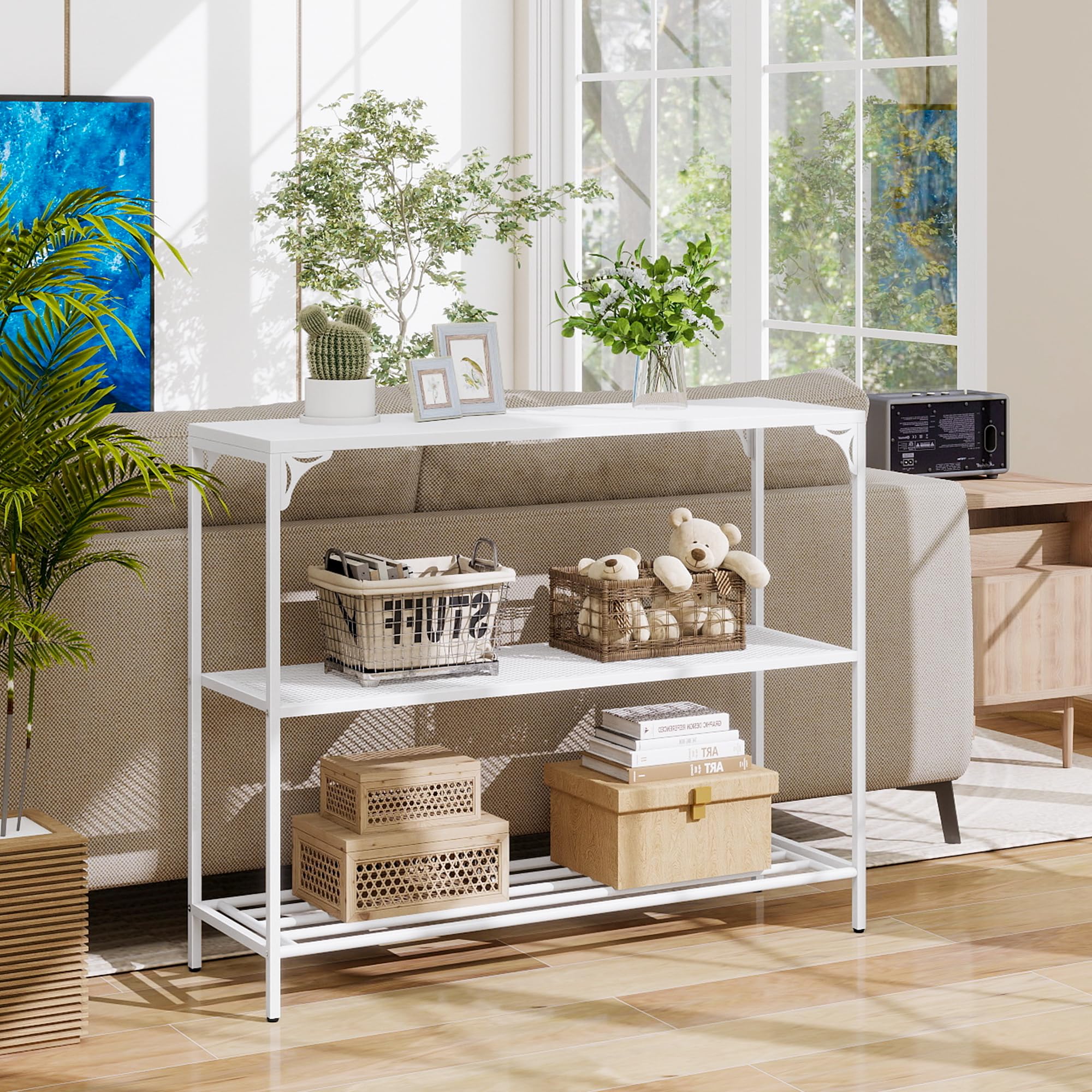 HDANI Consolle Ingresso,Tavolo Console con 2 Ripiani di Rete Metallica,Tavolino da Divano, Corridoio,Entrata,Soggiorno,100 x 30 x 80cm,Stile Industriale,Bianco